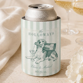 Sage Green Stripe Beagle Champagne Wedding Can Cooler