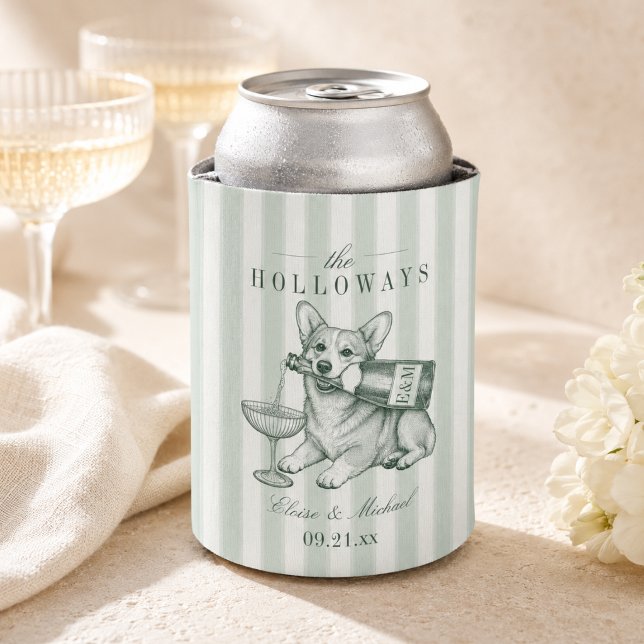Sage Green Stripe Corgi Champagne Wedding Can Cooler (Sage Green Stripe Corgi Champagne Wedding Can Cooler)