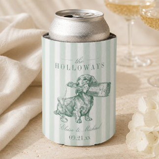 Sage Green Stripe Dachshund Champagne Wedding Can Cooler