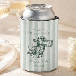 Sage Green Stripe Dachshund Champagne Wedding Can Cooler