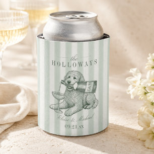 Sage Green Stripe Dachshund Champagne Wedding Can Cooler