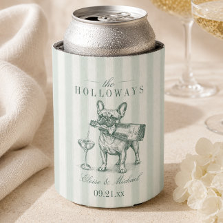 Sage Green Stripe French Bulldog Champagne Wedding Can Cooler