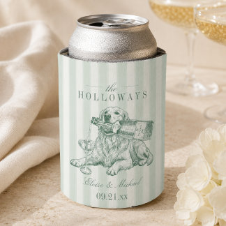 Sage Green Stripe Golden Retriever Wedding Can Cooler