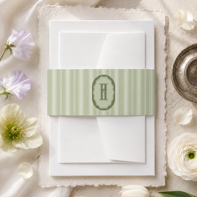 Sage Green Stripe Monogram Crest Wedding Invitation Belly Band (Sage Green Stripe Monogram Crest Wedding Invitation Belly Band)