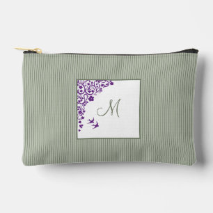 Sage Green Stripe Purple Floral Script Monogram Accessory Pouch