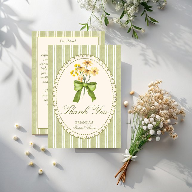 Sage green stripe retro elegant bridal shower thank you card (Sage green retro stripes grand millennial bridal shower elegant thank you cards)