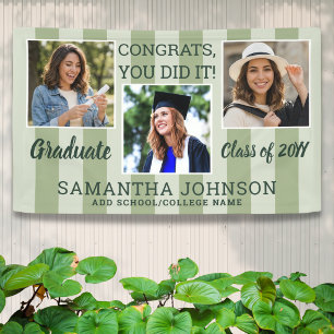 Sage Green Striped 3 Photo Collage Graduation  Banner