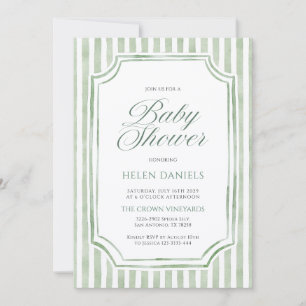 Sage Green Striped Baby Shower Invitation