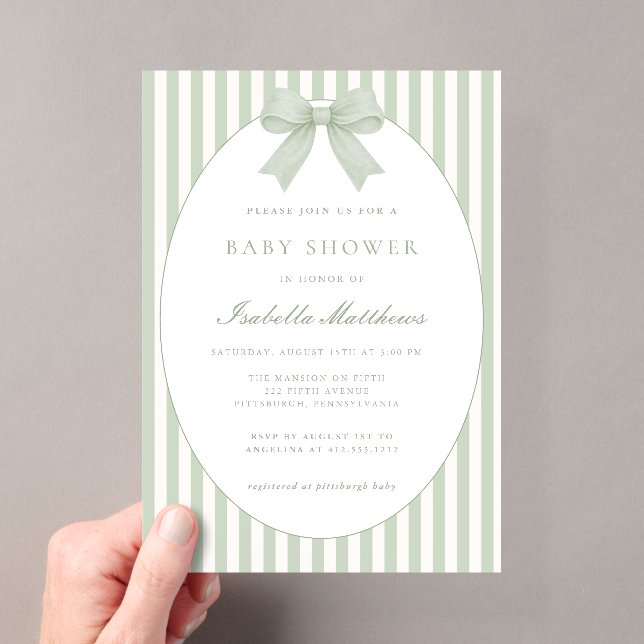 Sage Green Striped Baby Shower Invitation with Bow (Insitu (Handheld))
