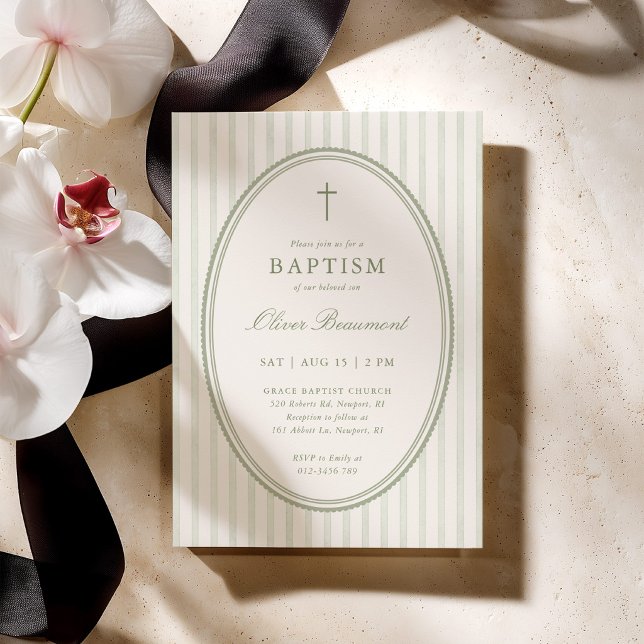 Sage Green Striped Baptism Invitation (Creator Uploaded)
