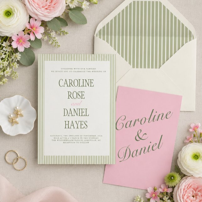 Sage Green Striped Elegant Wedding Suite Invitation (Creator Uploaded)