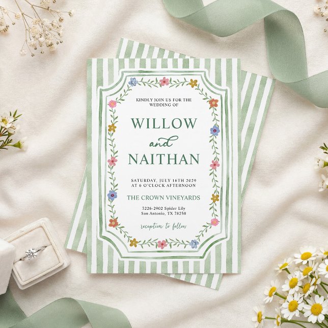 Sage Green Striped Floral Wedding Invitation (Creator Uploaded)