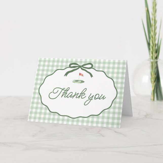 Sage Green Striped Frame Bow Golf Thank you card (Front)