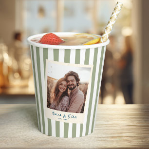 Sage Green Striped Fun Retro  Engagement Photo Paper Cups