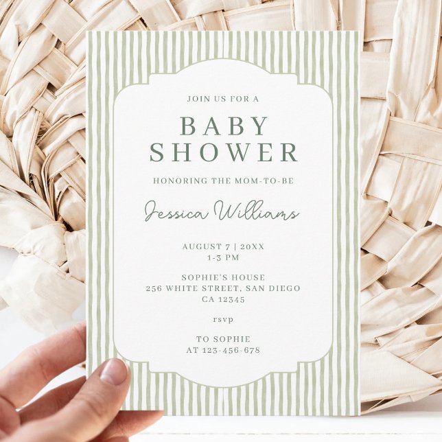 Sage Green Striped Gender Neutral Baby Shower Invitation (Creator Uploaded)