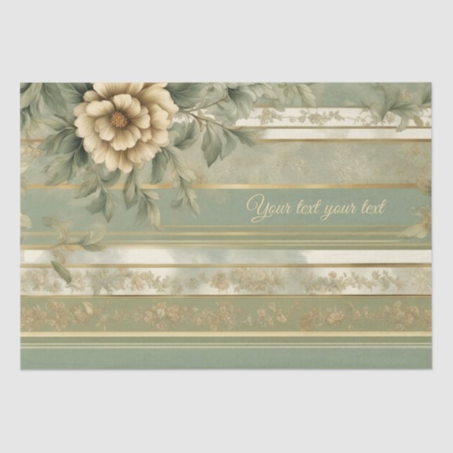 Sage green striped gold flower gift wrapping  tissue paper (Front)