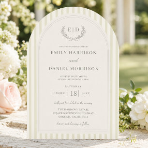 Sage Green Striped Monogram Elegant Wedding Invitation