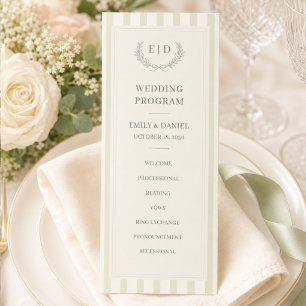 Sage Green Striped Monogram Wedding Programme