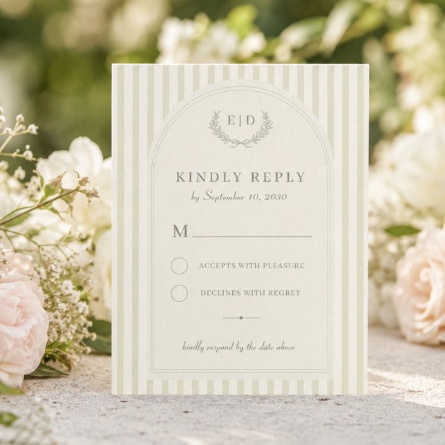 Sage Green Striped Monogram Wedding RSVP Card (Creator Uploaded)