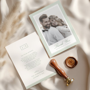 Sage Green Striped Photo Wedding Thank You Card