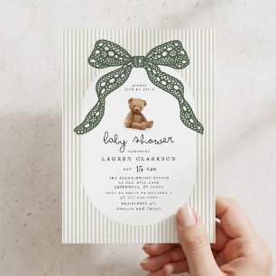 Sage Green Striped Vintage Lace Bow Teddy Bear Invitation