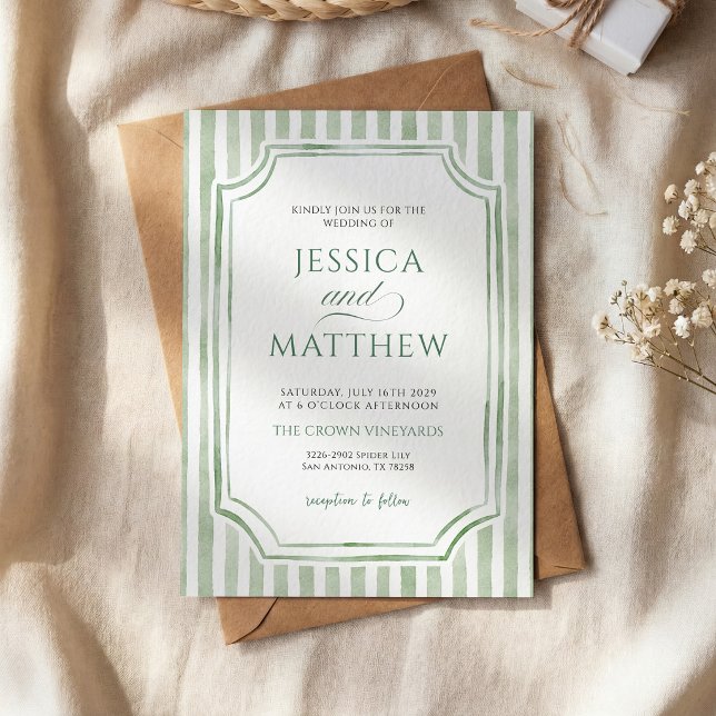 Sage Green Striped Wedding Invitation (Creator Uploaded)