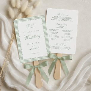 Sage Green Striped Wedding Program Hand Fan