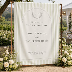 Sage Green Striped Wedding Welcome Backdrop Tapestry