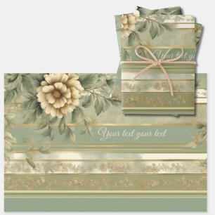 Sage green striped white gold with flower gift wrapping paper sheet