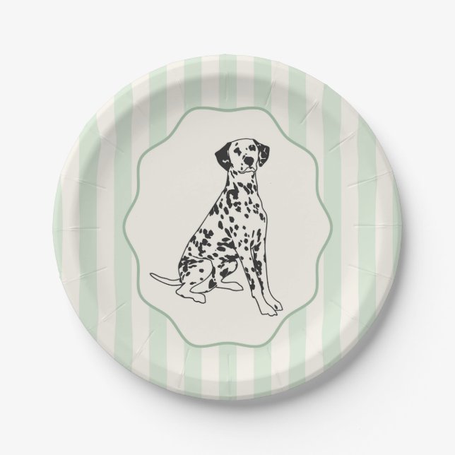 Sage Green Stripes and Black Dalmatian Dog Paper Plate (Front)