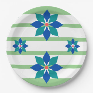 Sage Green stripes and blue flowers Paper Plate