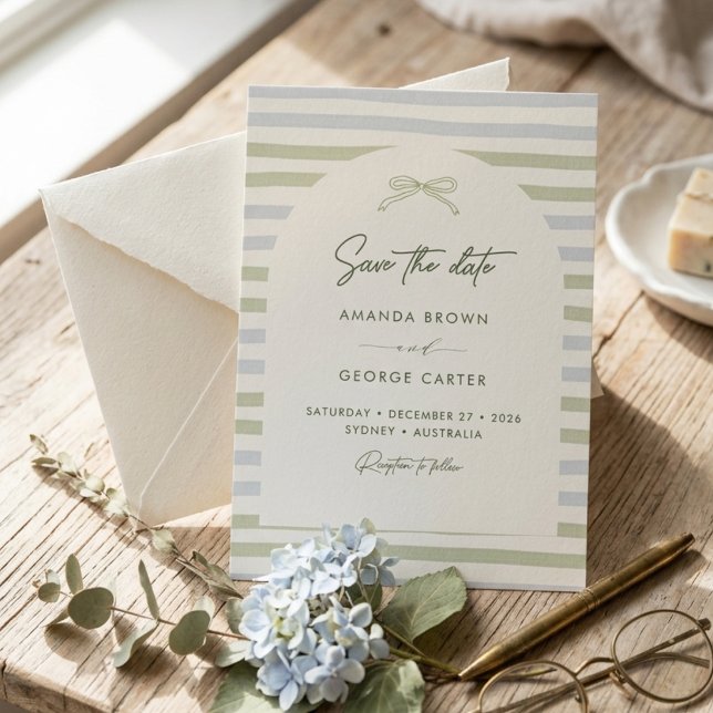 Sage Green Stripes Bow Wedding Invitation (Creator Uploaded)
