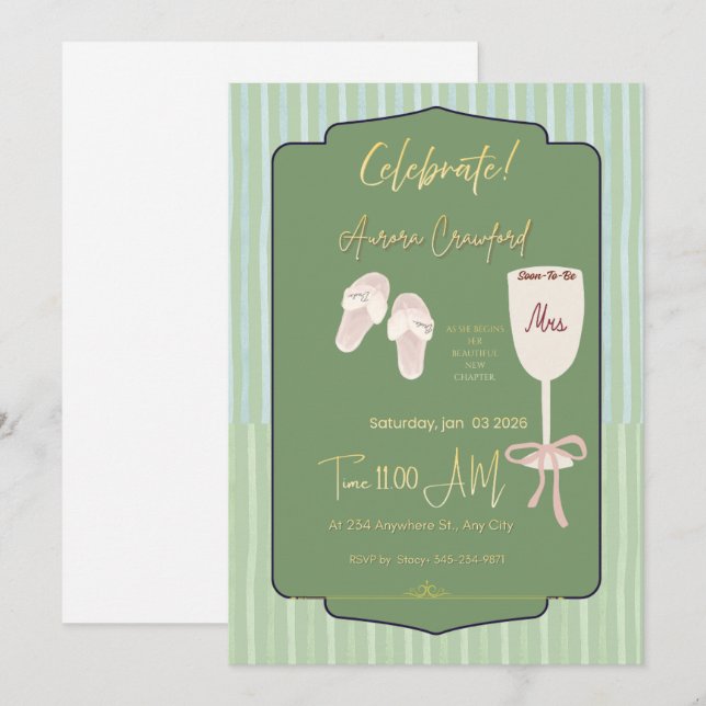 Sage Green Stripes Bridal Shower Invitation | Spa  (Front/Back)