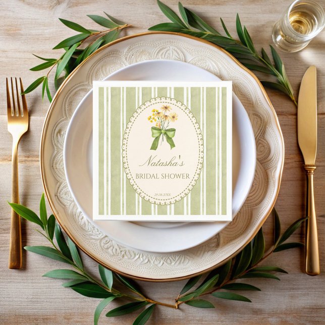 Sage green stripes bridal shower monogrammed napkin (Sage green stripes grand millennial retro bridal shower personalized napkins personalized decor)