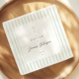 Sage Green Stripes Elegant Baptism Paper Napkin