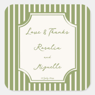 Sage green stripes hand drawn wedding custom square sticker