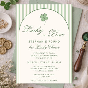 Sage Green Stripes Lucky in Love Bridal Shower Invitation