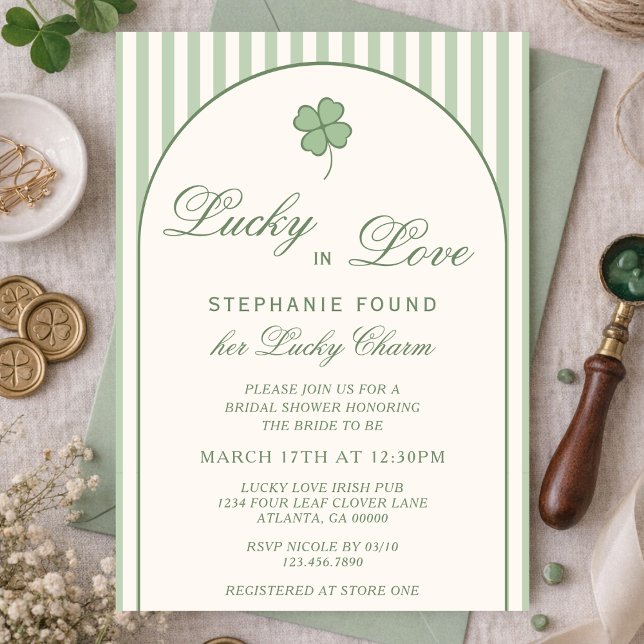 Sage Green Stripes Lucky in Love Bridal Shower Invitation (Creator Uploaded)