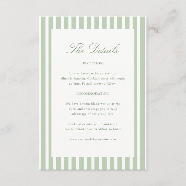 Sage Green Stripes Modern Wedding Details Enclosure Card (Front)