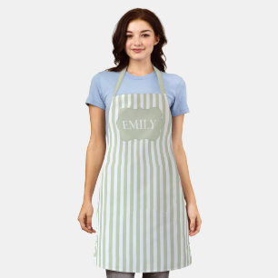 Sage Green Stripes Name Scalloped Border Apron