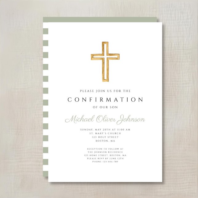 Sage Green Stripes Religious Boy Confirmation Invitation (Sage Green Stripes Religious Boy Confirmation Invitation)
