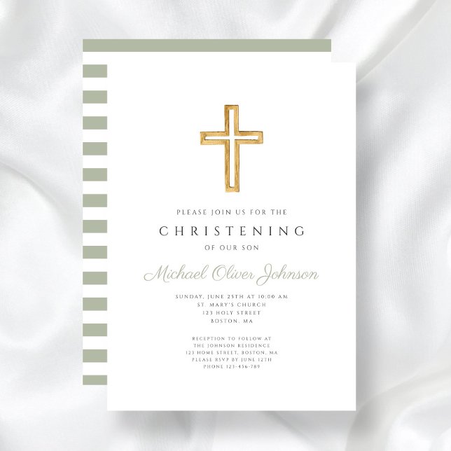 Sage Green Stripes Religious Cross Christening Invitation (Sage Green Stripes Religious Cross Christening Invitation)