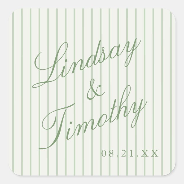 Sage Green Stripes Retro Wedding Favour Square Sticker (Front)