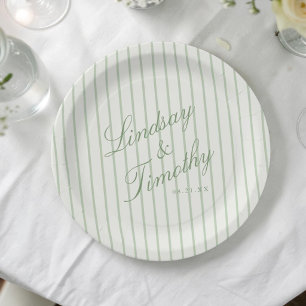 Sage Green Stripes Retro Wedding Paper Plate