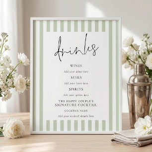 Sage Green Stripes Wedding Drinks Bar Sign