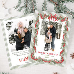Sage Green Stripped Red Bow Christmas 2 Photo Holiday Card