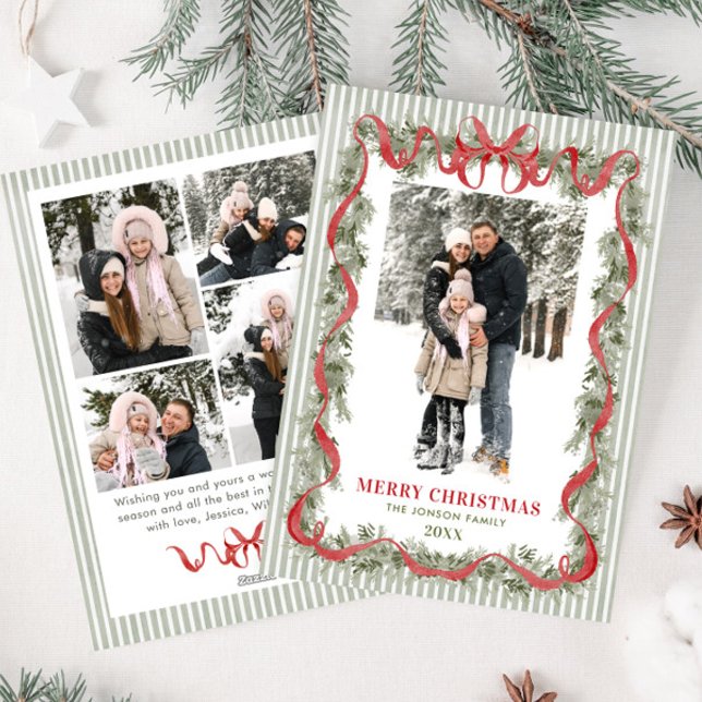 Sage Green Stripped Red Bow Christmas 5 Photo Holiday Card (Creator Uploaded)