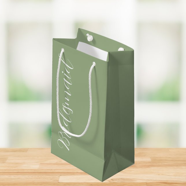 Sage Green Stylised Script Wedding Bridesmaid Small Gift Bag (In Situ)