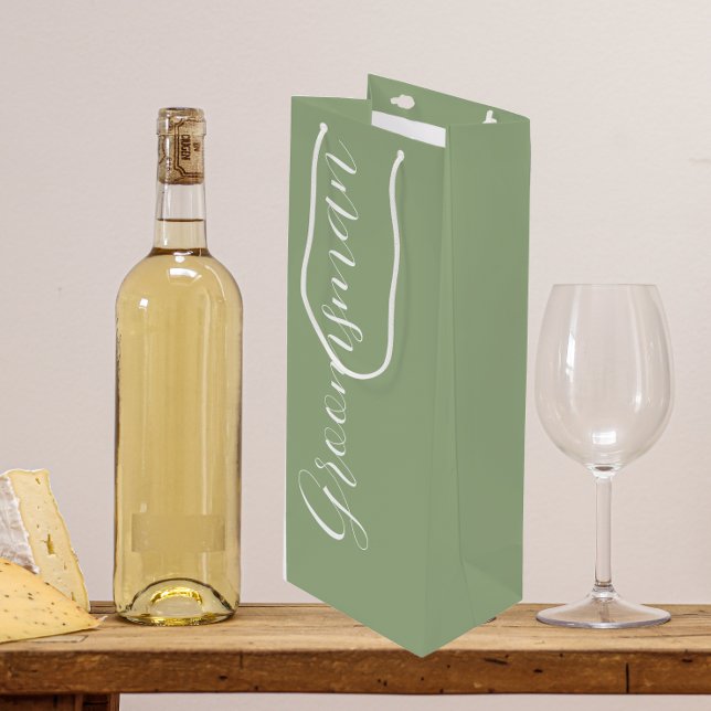 Sage Green Stylised Script Wedding Groomsman Wine Gift Bag (In Situ)