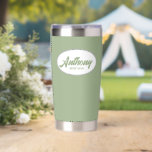 Sage Green Stylised Wedding Best Man<br><div class="desc">Gift your wedding Best Man with this personalised,  stainless steel,  thermal tumbler with his name in stylised script in a white oval design. Background script is a trendy,  sage green colour. Personalise your thermal tumbler by editing and replacing Best Man's name with desired name.</div>